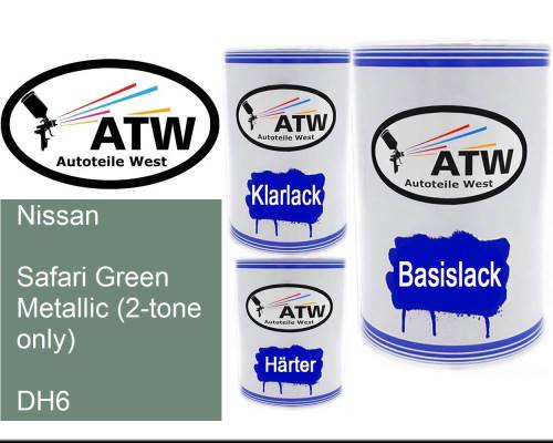 Nissan, Safari Green Metallic (2-tone only), DH6: 500ml Lackdose + 500ml Klarlack + 250ml Härter - Set, von ATW Autoteile West.
